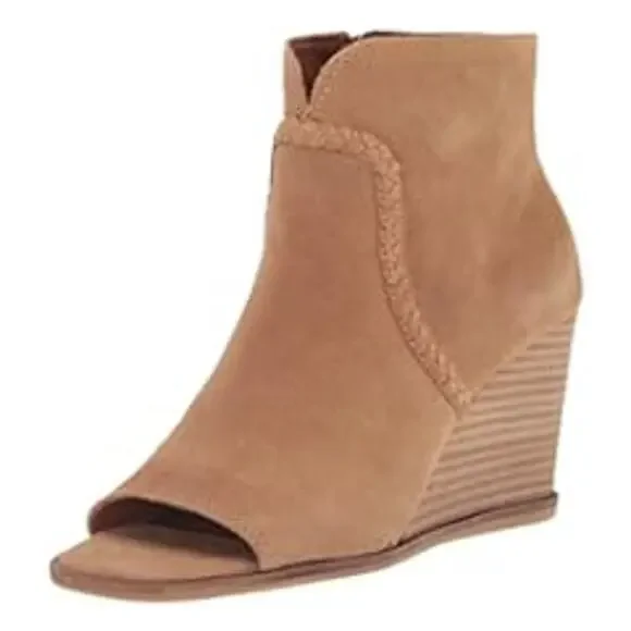 Lucky Brand Lureli Wedge Booties 9 Suede Open Toe Stacked Heel Leather Tan - Picture 1 of 8